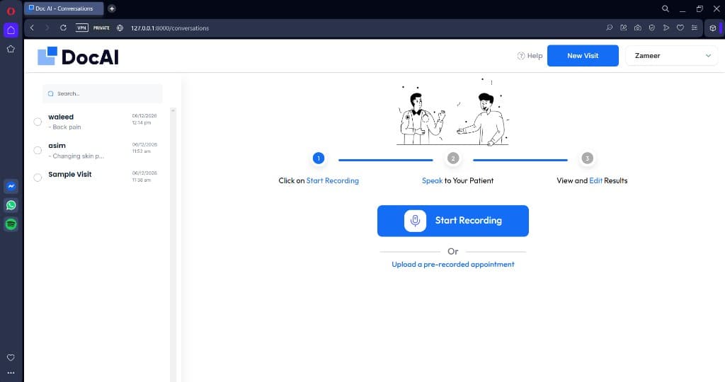Start a new visit - record or upload a patient conversation