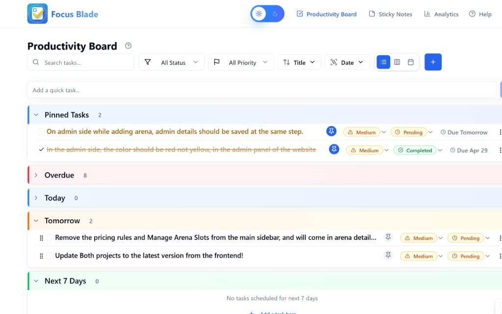 Productivity board - tasks organized by date and priority