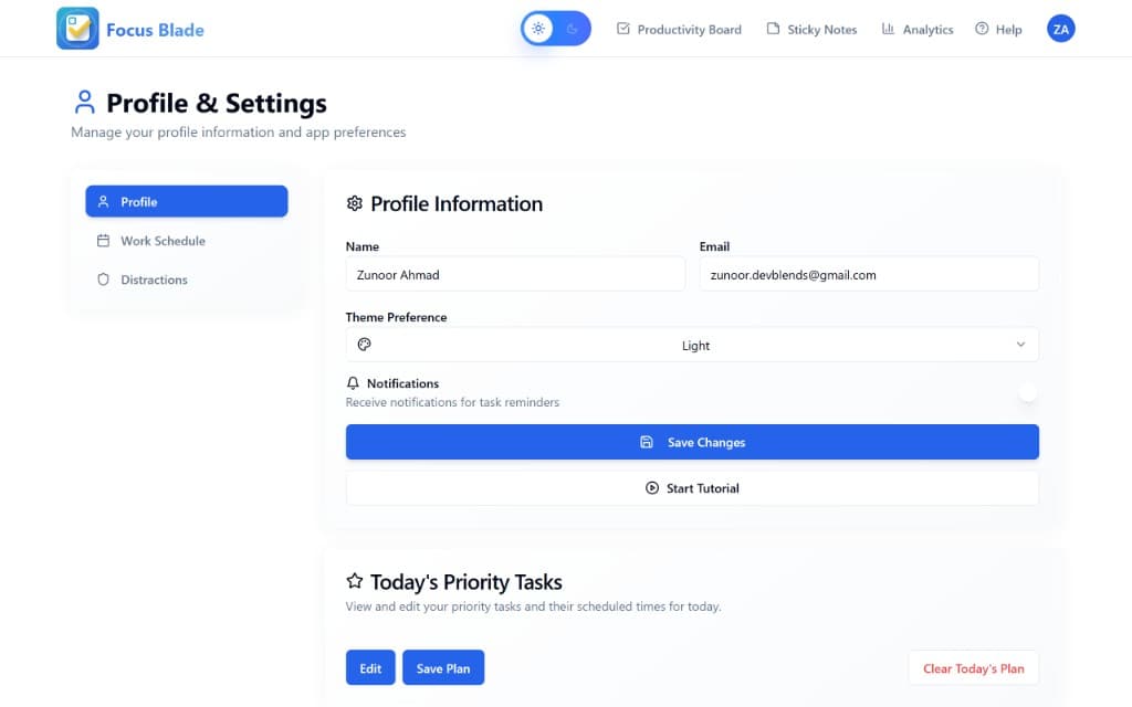 Profile and settings - work schedule and distractions