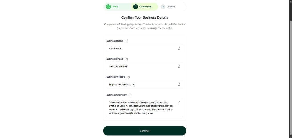 Confirm business name, phone, website, and overview