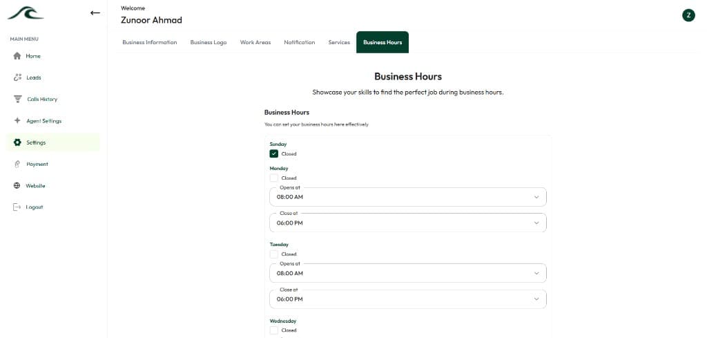 Configure business hours in settings