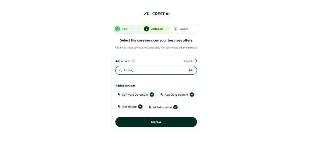 Customize services and continue setup