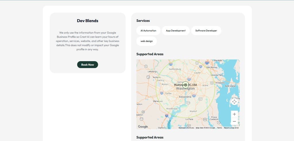 Public website with services, areas, and book now