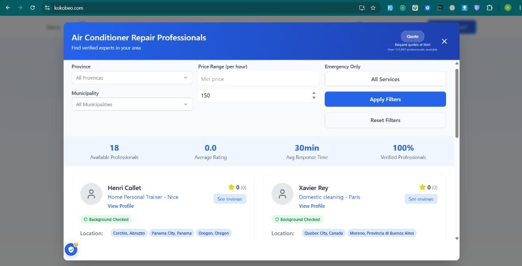Find verified professionals by service type