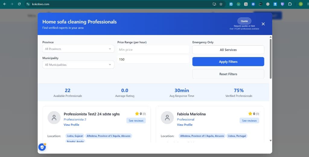 Professional search with filters and ratings