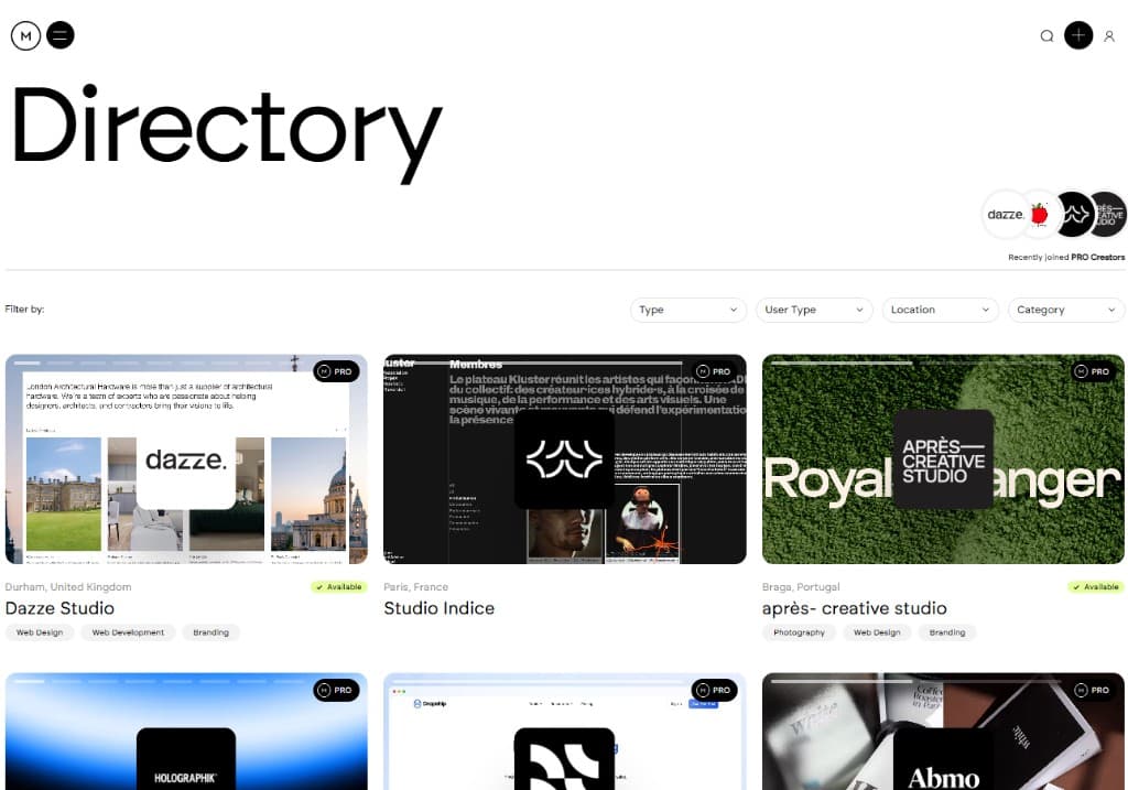 Pro directory - searchable studio profiles with filters